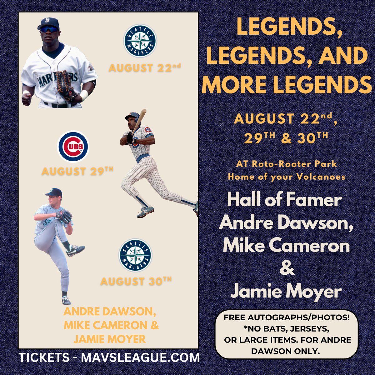 SKVolcanoes's tweet photo. 🚨 Volcanoes Epic Baseball Legends Invasion🚨 Get ready for a star-studded showdown with MLB icons who redefined the game: Powerhouse outfielder Mike Cameron (Aug 22nd), the speedster with 3 Gold Gloves, 4 HRs in a single game, and a Mariners legend; Hall of Famer Andre Dawson (Aug 29th), "The Hawk" with 8 Gold Gloves, an MVP title, and over 400 HRs across Expos and Cubs glory; and pitching wizard Jamie Moyer (Aug 30th), the ageless lefty who won a World Series at 45 and became the oldest pitcher to notch a victory at 49! These trailblazers smashed records, dazzled fans, and etched their names in baseball history. Score free autographs & photos (limits apply—no bats/jerseys for Dawson). Don't miss out—tickets flying fast at https://t.co/gfaTiAAZNz! ⚾🔥 #BaseballLegends #VolcanoesBaseball