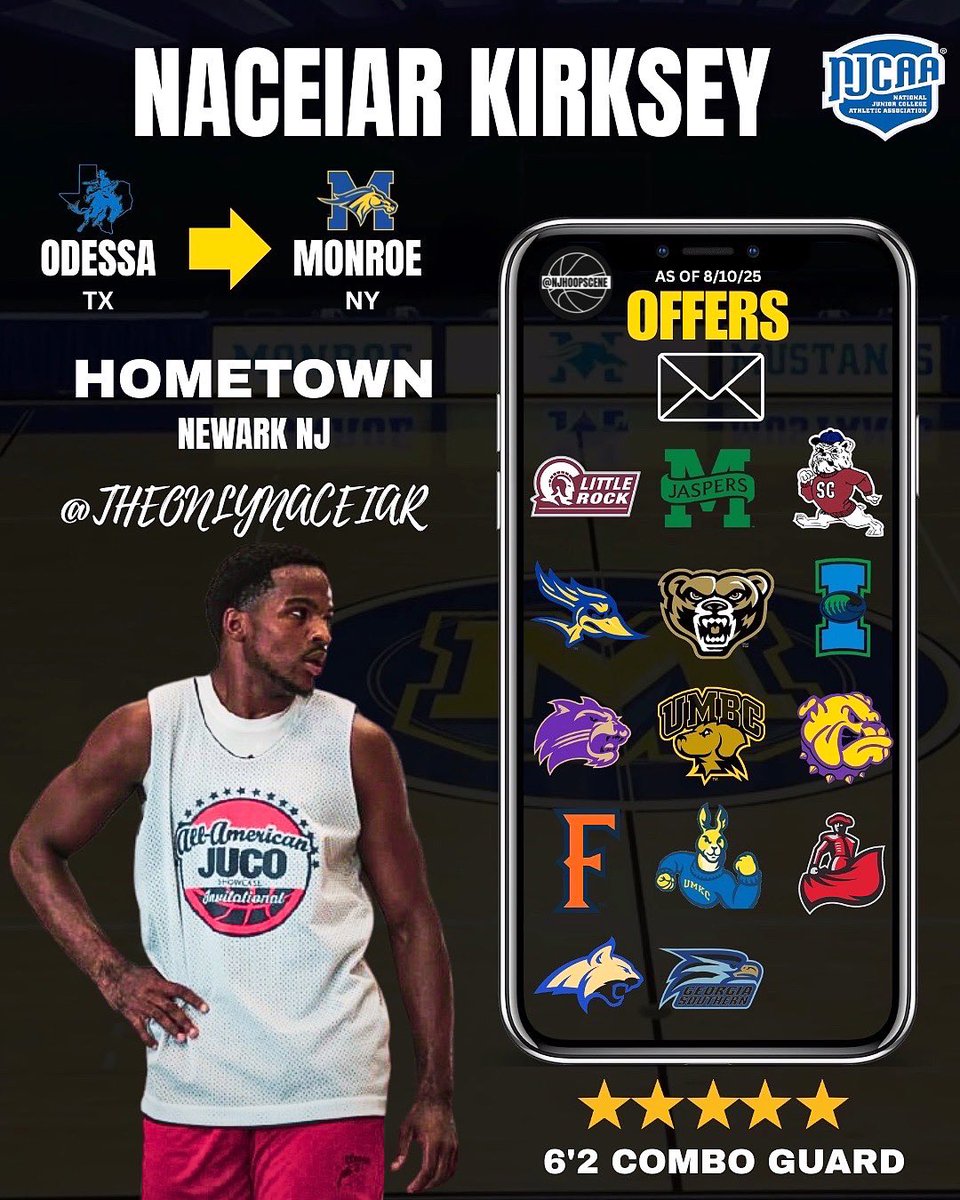 Naceiar Kirksey currently has 14 division 1 offers on the table! <a href="/naceiar1/">Naceiar</a> 

The Newark combo guard is gearing up for his sophomore season with <a href="/MonroeMustangs/">Monroe University Mustangs</a>