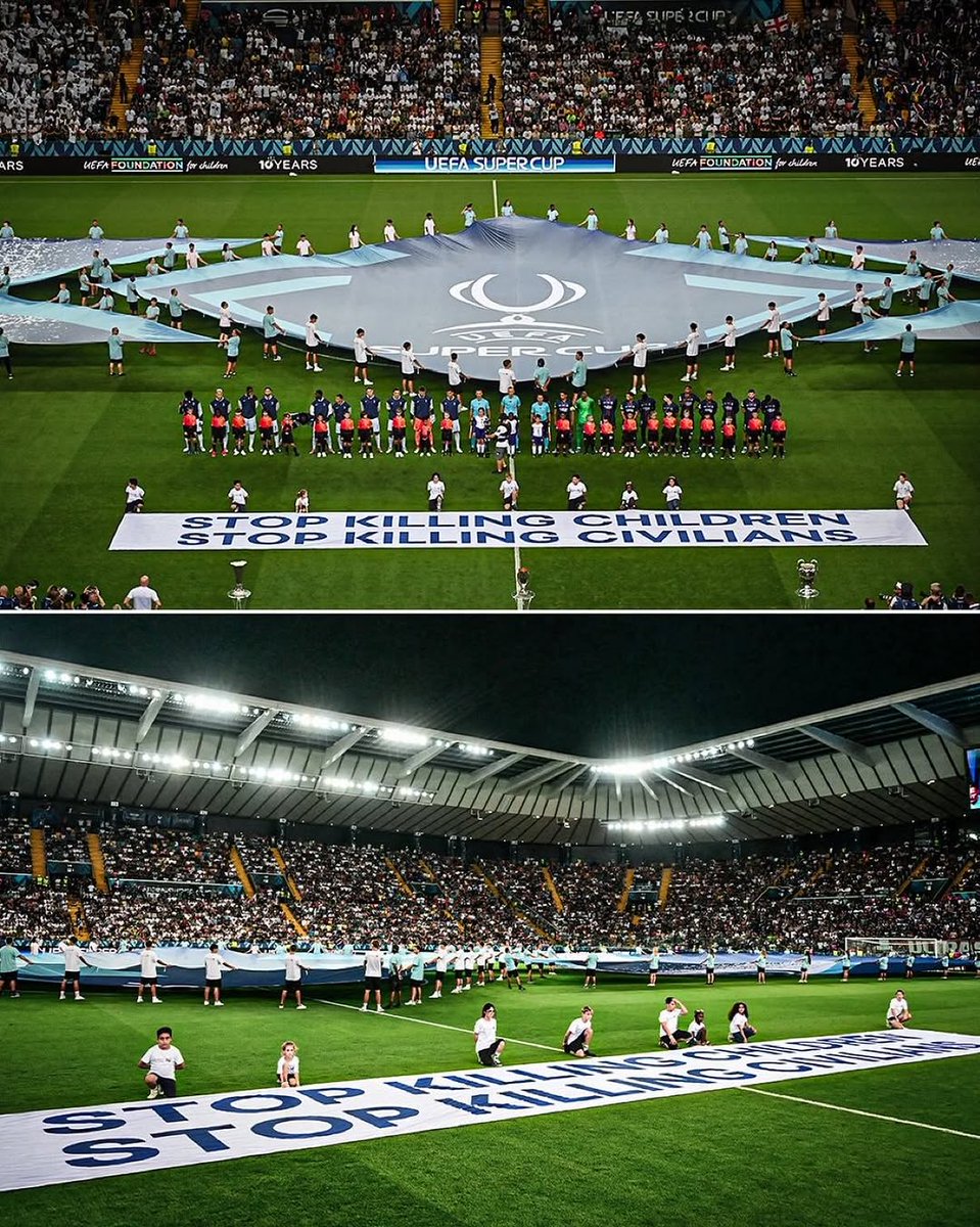 UEFA displays "Stop Killing Children — Stop Killing Civilians" banner ahead of the Super Cup Final between PSG and Tottenham Hotspur.