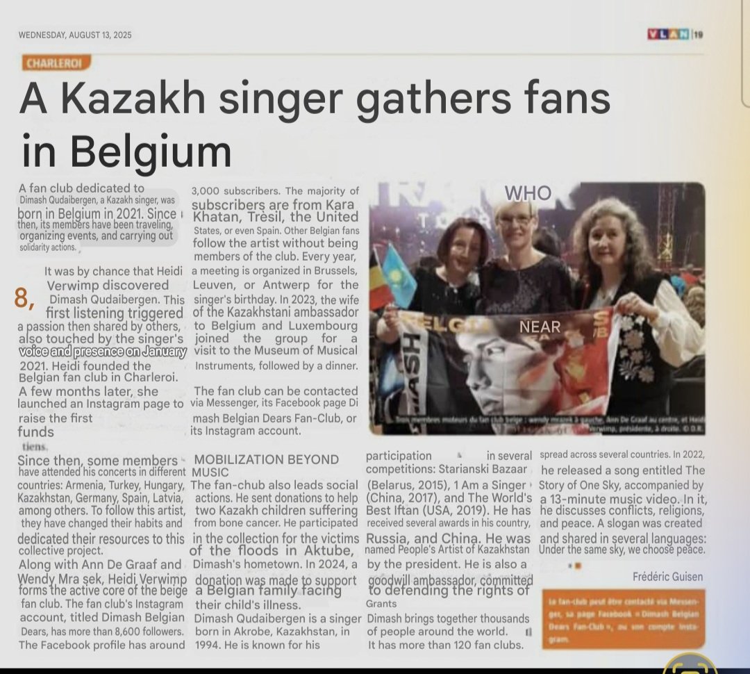 BelgianDears's tweet photo. #dimashbelgiandears
Our fan club appeared in this week's news magazine VLZN in an article of journalist Frédéric Guisen! Online &amp; paper version.
Correction: our club didn't start in Charleroi but in Antwerp province  😅. More importantly, the article mentions @dimash_official 👇🏻 https://t.co/0t925cv50w