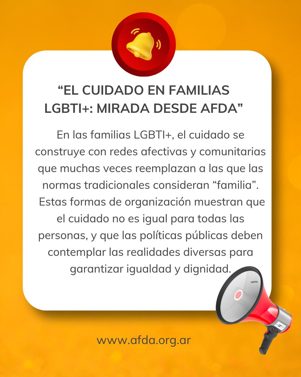 El cuidado no es igual para todas las personas.
En las familias LGBTI+, se construye desde redes afectivas y comunitarias, desafiando las normas tradicionales sobre quién “debe” cuidar.
Reconocerlo es garantizar igualdad y dignidad.
 #CuidadoConPerspectiva #DerechoAlCuidado #AFDA