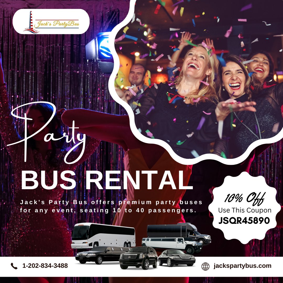 JacksPartyBus2's tweet photo. Make every event unforgettable with Jacks Party Bus Rental! 
Perfect for birthdays, proms, weddings &amp; nights out with friends.
Call us at 1-202-834-3488 or book online https://t.co/NvjxI7m4Bd
Get 10% OFF – Use coupon code JSQR45890 at checkout! 
#PartyBusRental #JacksPartyBus https://t.co/JVQfUkvgjx