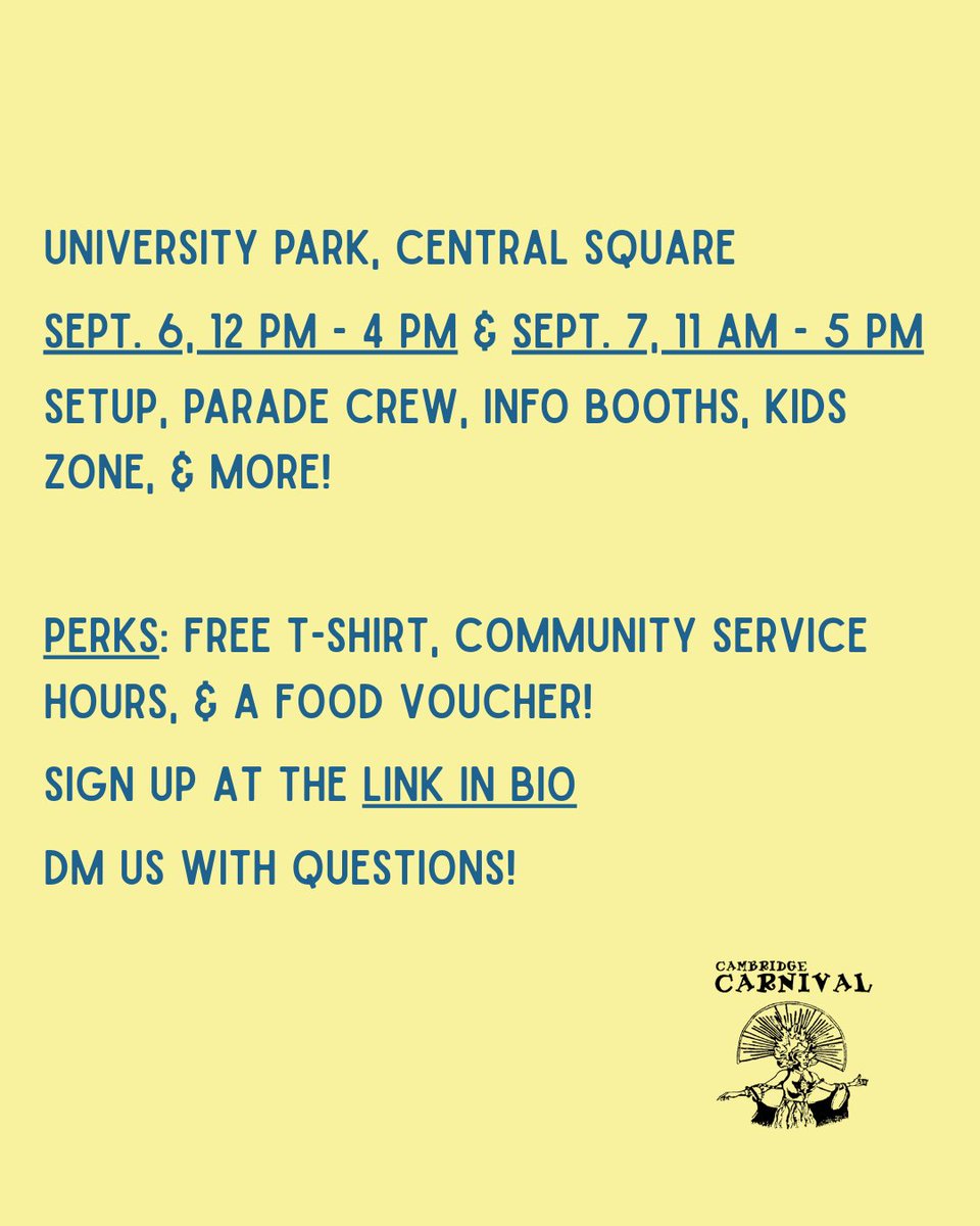 🎉 Volunteer at Cambridge Carnival!
Be part of the team behind the city’s most vibrant celebration. Help with logistics, parade support, &amp; more!

📅 Sept. 6 &amp; 7 | 📍 University Park
Sign up: ow.ly/P7QY50W4r91
#CambridgeCarnival #VolunteerCall #CarnivalCrew #GiveBack