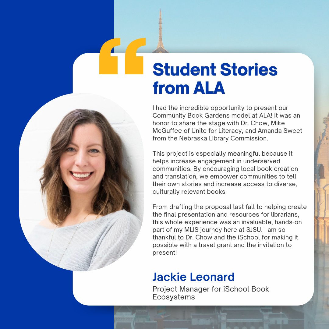 SJSUiSchool's tweet photo. SJSU iSchool MLIS student Jackie Leonard, Project Manager for iSchool Book Ecosystems, presented at #ALA2025. The initiative boosts engagement in underserved communities by supporting local book creation, translation, and access to diverse, culturally relevant stories. https://t.co/1E2k2QyHvn