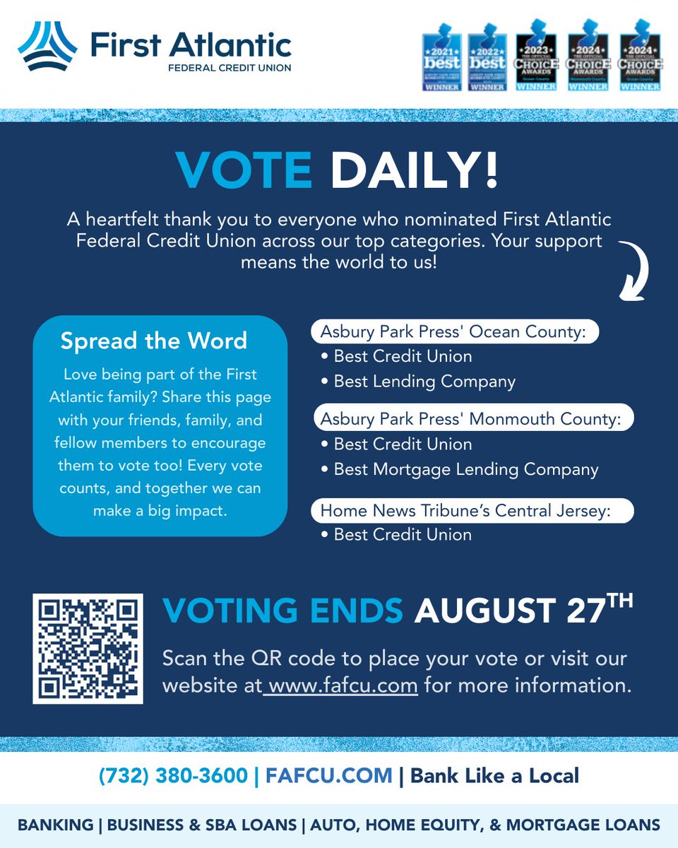 FirstAtlanticCU's tweet image. Today marks the beginning of the voting period for the 2025 Asbury Park Press Community Choice Awards! Thank you to everyone who nominated First Atlantic FCU, we couldn&apos;t have done this without you!
 For more information on what to do next, visit fafcu.com/community-choi…