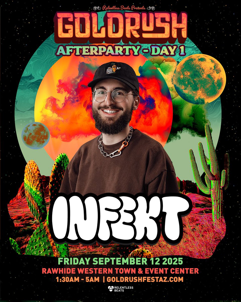 GoldrushFestAZ's tweet photo. The dust won’t settle after Day 1… @infektdubstep is taking the reins for the official Goldrush afterparty 🤠💥 Saddle up for one more round.

Final afterparty tickets are moving fast → https://t.co/0yH1HXufai 🎟️

#GoldrushAZ #RelentlessBeats #Infekt https://t.co/q2Kzh6azOa