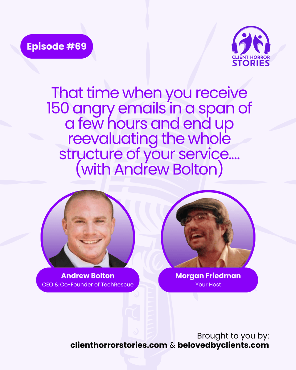 Client Horror Stories (@clienthorrors) on Twitter photo 😵💫 69: That time when you receive 150 angry emails in a span of a few hours and end up reevaluating the whole structure of your service.… (with Andrew Bolton from <a href="/TechRescueLLC/">Tech Rescue Guys</a>)
👉 bit.ly/45ywojU
#clientmanagement #managingup #clienthorrorstories #podcaster 😵💫 69: That time when you receive 150 angry emails in a span of a few hours and end up reevaluating the whole structure of your service.… (with Andrew Bolton from <a href="/TechRescueLLC/">Tech Rescue Guys</a>)
👉 bit.ly/45ywojU
#clientmanagement #managingup #clienthorrorstories #podcaster