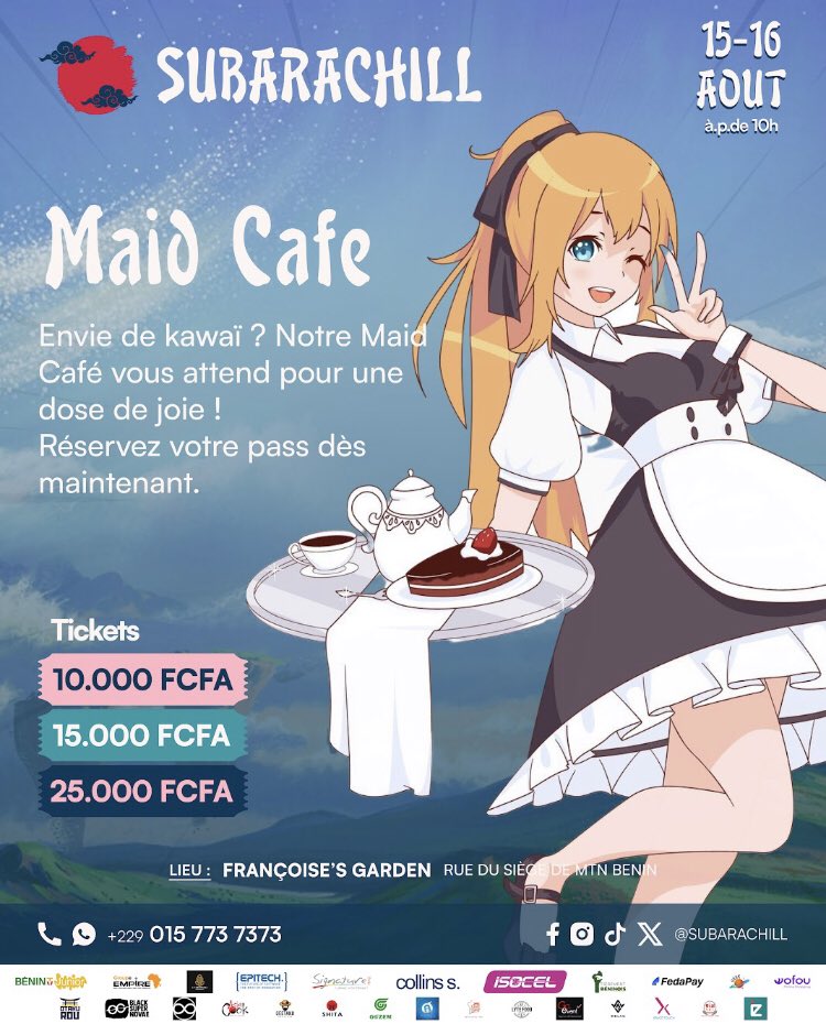 subarachill's tweet photo. • Exposition de mangaka b��ninois
• Maid Café 
• Quizz Otaku
• Shokugeki no Suba BENIN &amp; JAPON 🇧🇯🇯🇵 https://t.co/uDSPBSPKU1