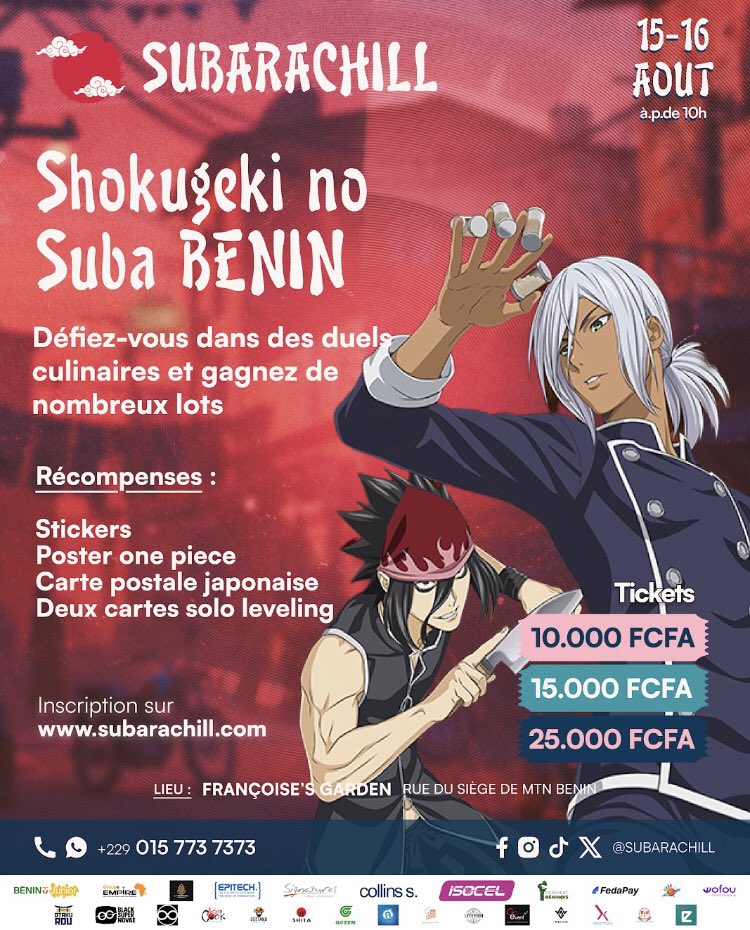 • Exposition de mangaka béninois
• Maid Café 
• Quizz Otaku
• Shokugeki no Suba BENIN &amp; JAPON 🇧🇯🇯🇵