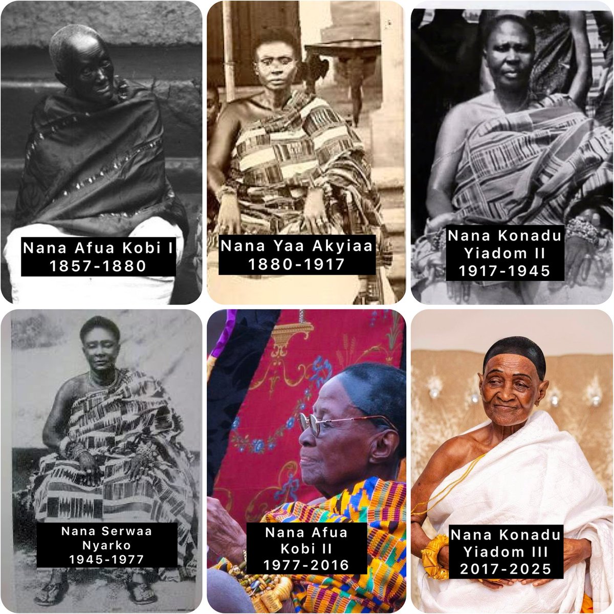 Asante_nation's tweet photo. Royal Lineage of Asante Queens from 1695 to Date… 

For over three centuries, the Golden Stool has been guarded not only by mighty Asante Kings but also by formidable Asantehemaa,  whose wisdom, courage, and legacy shaped the destiny of Asanteman.

These are not just names in history, they are mothers of kings, architects of diplomacy, defenders of tradition, and symbols of unyielding strength. Here are our past Queens;

⚫️Nana Nyarko Kusi Amoa – 1695-1722 (27years)

⚫️Nana Nkatia Ntim Abamo – 1722-1740 (18years)

⚫️Nana Akua Afriyie – 1740-1768 (28years)

⚫️Nana Konadu Yiadom I – 1768-1809 (41years)
•It was during her reign that the Asantehemaa stool was moved from Kokofu to Kumasi, by Asantehene Osei Kwadwo.

⚫️Nana Akosua Adoma – 1809- 1819 (10years)

⚫️Nana Ama Serwaa – 1819- 1828 (9years)

⚫️Nana Yaa Dufie – 1828- 1836 (8years)

⚫️Nana Afia Sarpon – 1836- 1857 (21years)

⚫️Nana Afua Kobi I – 1857- 1880 (23years)
The Queen who vowed to slap the British Governor, Sir Garnet Wolseley with her left hand. When the Governor threatened to claim the Asante Empire as part of its Gold Coast Colony. “I am only a woman, but I would fight the govenor with my left hand”. 

She was also the first Asantehemaa to be photographed at her very old age.

⚫️Nana Yaa Akyiaa – 1880- 1917 (37years
The daughter of Asantehemaa Nana Afua Kobi I, the mother of Asantehene Prempeh I, she was deported together with her son to Seychelles Island.

⚫️Nana Konadu Yiadom II – 1917- 1945 (32years)

⚫️Nana Amma Serwaa Nyarko – 1945 – 1977 (28years)

⚫️Nana Afia Kobi Serwaa Ampem II-1977 – 2016 (39years)
The mother of the current Asantehene.

⚫️Nana Konadu Yiadom III – 2017 – 2025 (8 years)
The sister of the current Asantehene.

In remembrance of their great legacy, some notable institutions have been named after them.

•Yaa Achiaa Girls’ Basic School at Bompata, the Oldest Girls’ Institution in the entire middle belt of Ghana was named after Asantehemaa Nana Yaa Akyiaa.

•Konadu Yiadom Basic and SHS at Agona Asaman was named after Asantehemaa Nana Konadu Yiadom I, II and III. 

•Serwaa Nyarko Girls’ SHS at Dichemso was named after Asantehemaa Nana Serwaa Nyarko.

•Afua Kobi Ampem Girls’ SHS at Trabuom was named after Asantehemaa Nana Afua Kobi.