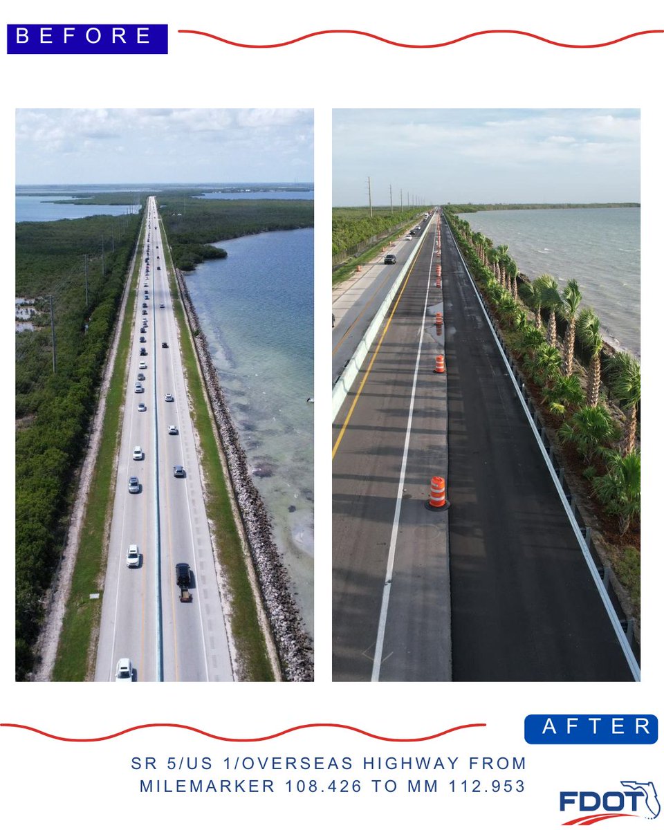 MyFDOT_Miami's tweet photo. Your drive to the keys is about to get greener 🌴 and smoother🛣️

Roadwork is happening along SR 5/Overseas Highway between mile markers 108.426 and 112.953, and it's expected to wrap up in early 2026.

More details: https://t.co/FYYcZlxx1s.

#OneDOT #D6atwork #roadwayimprovement https://t.co/KARqyviZBl