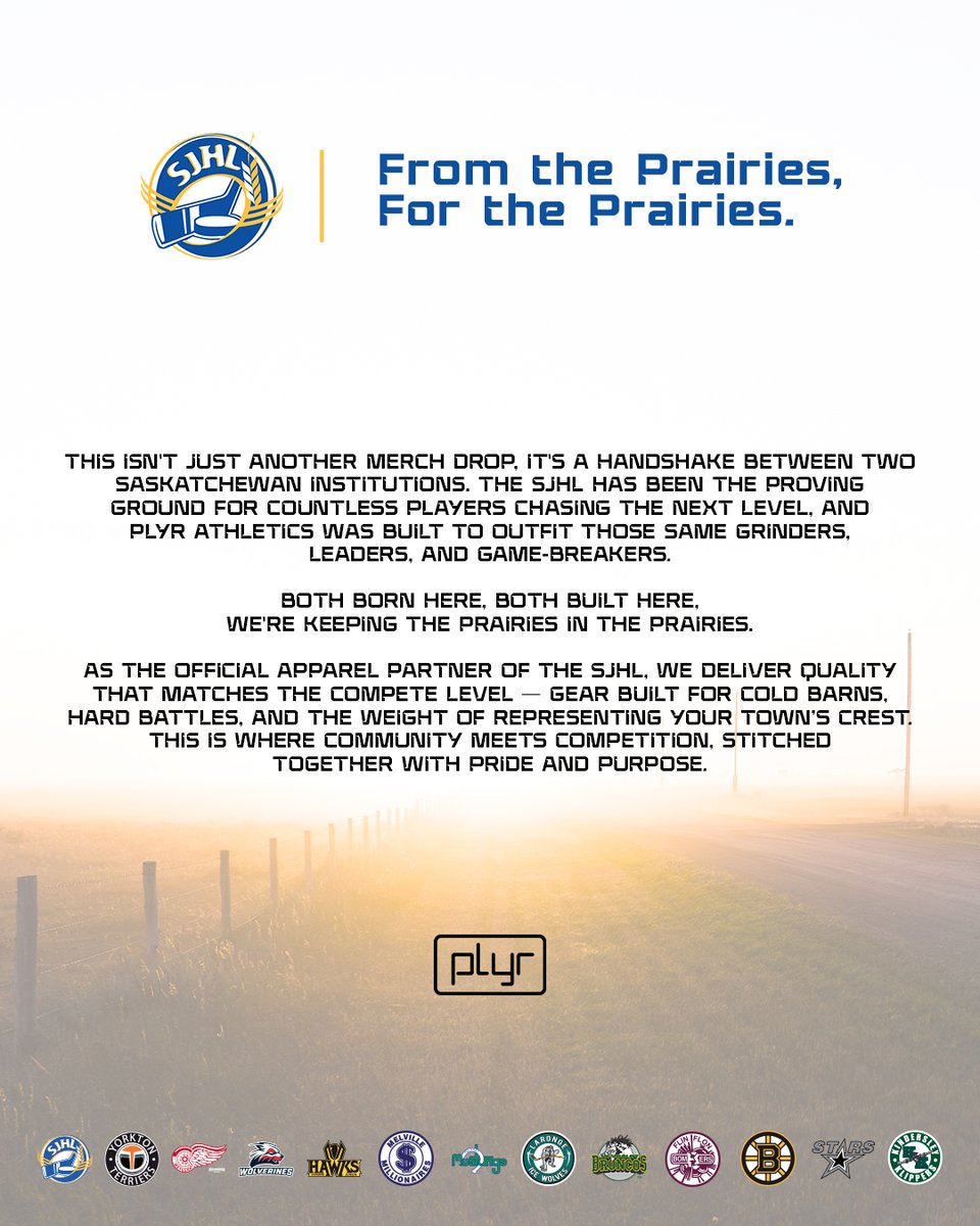 🌾 The SJHL and PLYR Athletics are proud to announce PLYR as the Official Apparel Partner of the league.

“PLYR’s designs reflect the culture and lifestyle of Saskatchewan hockey,” said SJHL Commissioner Kyle McIntyre.

Details - sjhl.ca/sjhl-announces…

Together, the SJHL and
