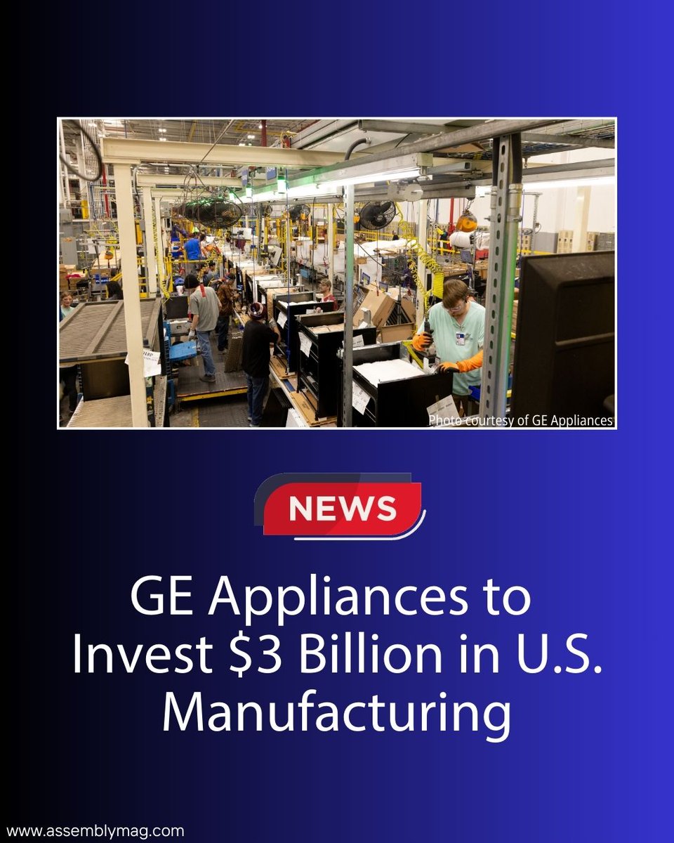 AssemblyMag1's tweet photo. 🅰️⏰ Today, GE Appliances announced a $3 billion investment to modernize its facilities and launch new products.
Read this story and all of the latest assembly news 👉 https://t.co/zS0uO0JCmG
#manufacturing #investment #GEAppliances #assembly #assemblyplant https://t.co/XTCYXgAnrj