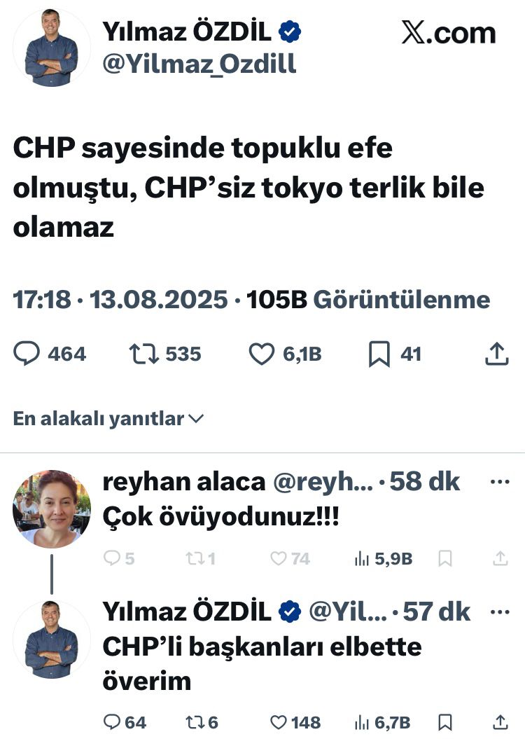 Yılmaz Özdil, yolsuzluk ve rüşvet bataklığında çırpınan CHP’den ayrılma kararı alan Özlem Çerçioğlu’nu hedef aldı.
Bir takipçisi, “Çok övüyordunuz” hatırlatması yapınca, Özdil, itirafta bulundu: “CHP’li başkanları elbette överim.”

Trollük böyle bir şey mi <a href="/grok/">Grok</a> ?