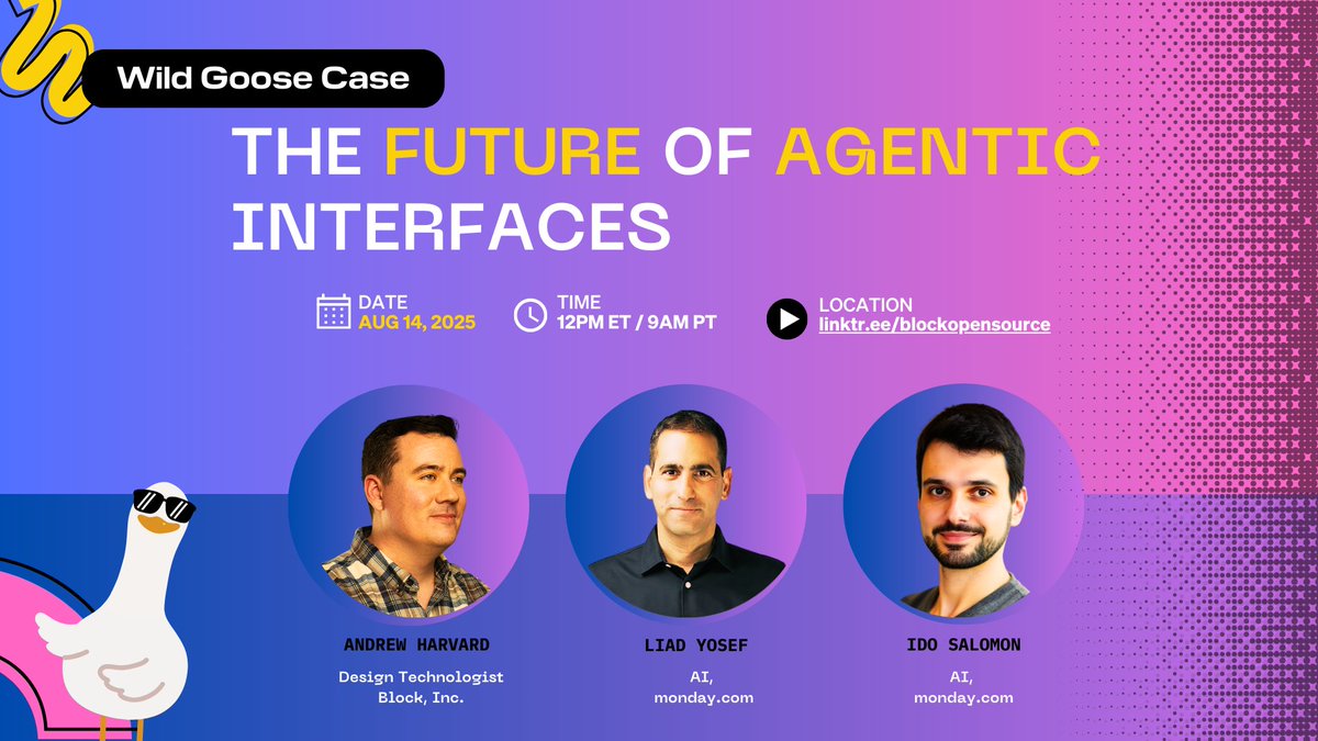 Block Open Source (@blockopensource) on Twitter photo MCP-UI is here! & weβve got its creatorsβ  <a href="/idosal1/">Ido Salomon</a>,  <a href="/liadyosef/">Liad Yosef</a> β and the Goose engineer who's bringing it to life!
Instead of typing prompt after prompt, developers can now build real, interactive dashboards, forms, etcβ all running inside Goose.
Watch the team that built it MCP-UI is here! & weβve got its creatorsβ  <a href="/idosal1/">Ido Salomon</a>,  <a href="/liadyosef/">Liad Yosef</a> β and the Goose engineer who's bringing it to life!
Instead of typing prompt after prompt, developers can now build real, interactive dashboards, forms, etcβ all running inside Goose.
Watch the team that built it