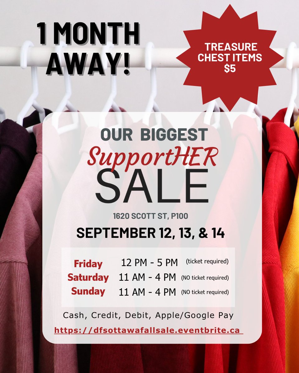 The Dress for Success End of Season SupportHER Sale is one month away! We’re clearing out our summer inventory! Visit our treasure chest room where everything is $5! And shop regular boutique, vintage, and designer items. All proceeds go towards supporting women in our community.