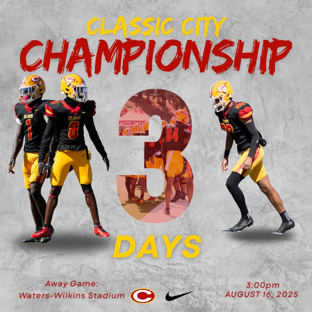 🏈 Classic City Championship only 3 days away!
📅 Sat, Aug 16 | 🕒 3 PM | 📍 Cedar Shoals
🎟 $12 on GoFan (no cash) | GHSA &amp; CCSD passes accepted
Glads vs. Cedar Shoals, Let’s go! 💛❤️