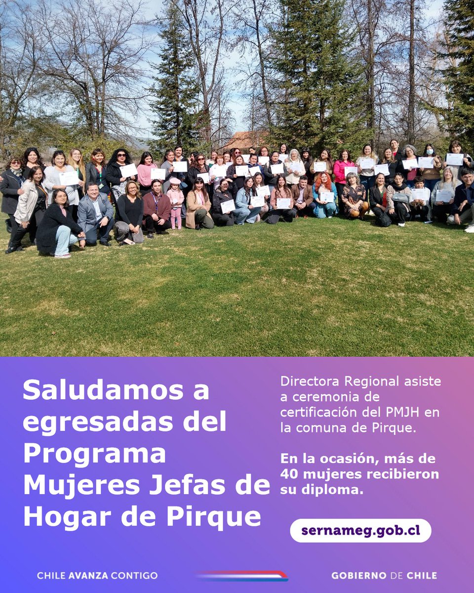 SernamEG RM (@sernameg_rm) on Twitter photo 📌Más de 40 egresadas del Programa Mujeres Jefas de Hogar de Pirque recibieron su diploma de manos de la Directora del <a href="/SernamEG_RM/">SernamEG RM</a> Miriam Bertuzzi Ratti.
💜Este programa ayuda a desarrollar capacidades y habilidades laborales de las mujeres a través de talleres de formación 📌Más de 40 egresadas del Programa Mujeres Jefas de Hogar de Pirque recibieron su diploma de manos de la Directora del <a href="/SernamEG_RM/">SernamEG RM</a> Miriam Bertuzzi Ratti.
💜Este programa ayuda a desarrollar capacidades y habilidades laborales de las mujeres a través de talleres de formación