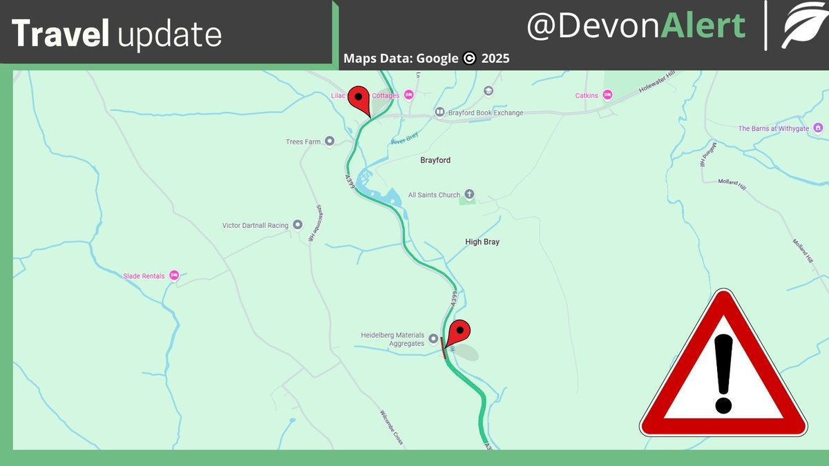 #Devon 21:12 13/08/25 The A399 between Brayford and the quarry has been closed to deal with a hazardous tree. Please find an alternative route this evening. JC <a href="/BBCDevon/">BBC Devon</a> <a href="/StagecoachSW/">Stagecoach SouthWest</a>