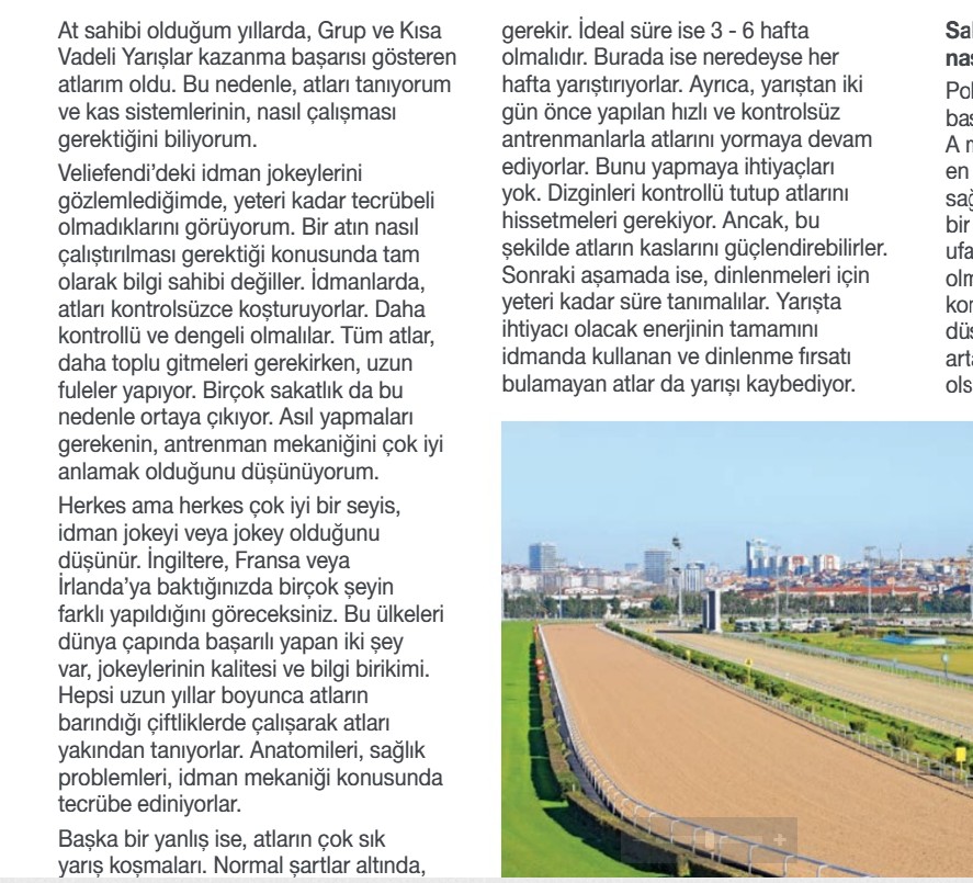 Sentetik pisti yapan firmanın sahibi Martin Collins'in TJK'nın Sesi dergisinde idmanlarla ilgili yaptığı eleştiriler (2018-Nisan)