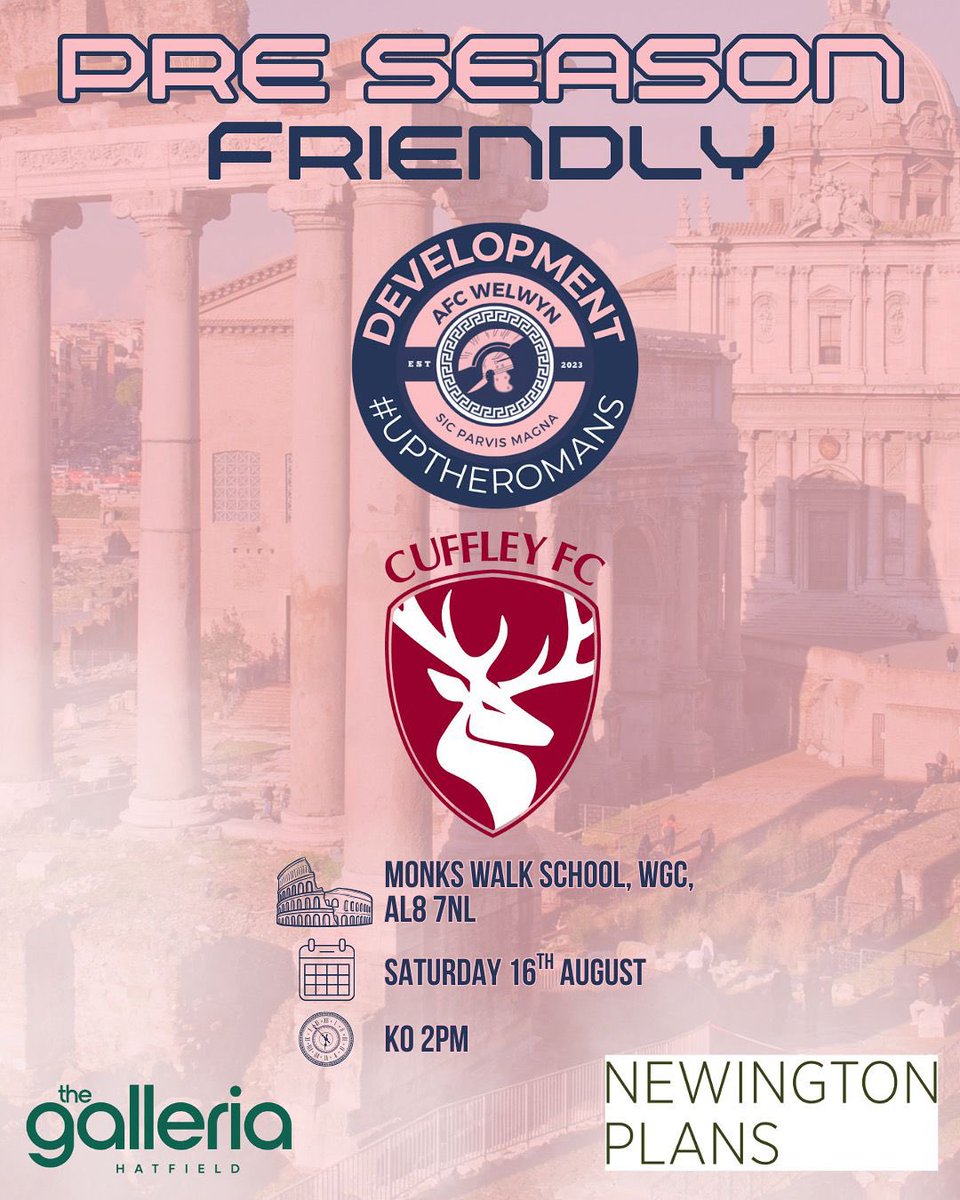 AFC Welwyn Development (@afc_welwyn_dev) on Twitter photo ‼️PRE SEASON FRIENDLY‼️
📅 16-08-25
🆚<a href="/Cuffleyfc1_R/">Cuffley FC 1st & Reserves</a>
🏟️AL8 7NL
⏰2PM Kick Off
Match Sponsor ⚽️ - Thank you to Newington Plans for their 2nd match sponsorship! Check them out at newingtonplans.co.uk
Media Partner ⚽️- thegalleria.co.uk ‼️PRE SEASON FRIENDLY‼️
📅 16-08-25
🆚<a href="/Cuffleyfc1_R/">Cuffley FC 1st & Reserves</a>
🏟️AL8 7NL
⏰2PM Kick Off
Match Sponsor ⚽️ - Thank you to Newington Plans for their 2nd match sponsorship! Check them out at newingtonplans.co.uk
Media Partner ⚽️- thegalleria.co.uk