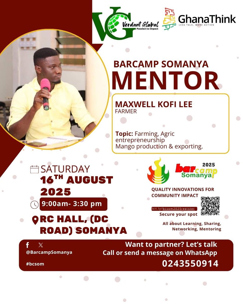 🚨Our mentors (resource persons)
#Learning #knowledgesharing #networking #mentoring all happening this Saturday at #BarCampSomanya

RSVP: bit.ly/bcsom2025regis…
Don’t miss Saturday’s life changing opportunities.
Powered by: <a href="/VerdantGlobalGh/">Verdant Global</a> &amp; <a href="/Ghanathink/">GhanaThink</a>