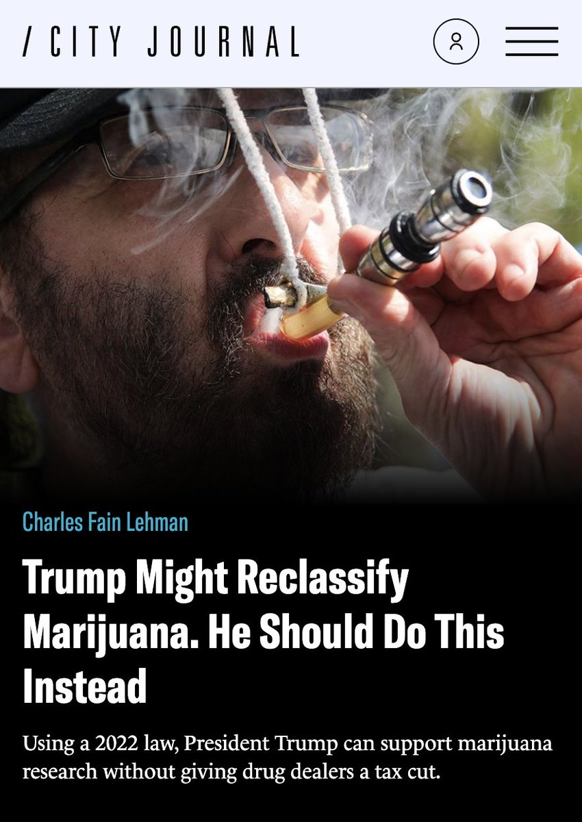 Charles Fain Lehman (@charlesflehman) on Twitter photo Rescheduling advocates say Trump has to reschedule in order to expand medical marijuana research.
That's false—rescheduling will do very little. But it's politically savvy.
Instead of rescheduling, though, why not just double down on research? My latest <a href="/CityJournal/">City Journal</a>: Rescheduling advocates say Trump has to reschedule in order to expand medical marijuana research.
That's false—rescheduling will do very little. But it's politically savvy.
Instead of rescheduling, though, why not just double down on research? My latest <a href="/CityJournal/">City Journal</a>: