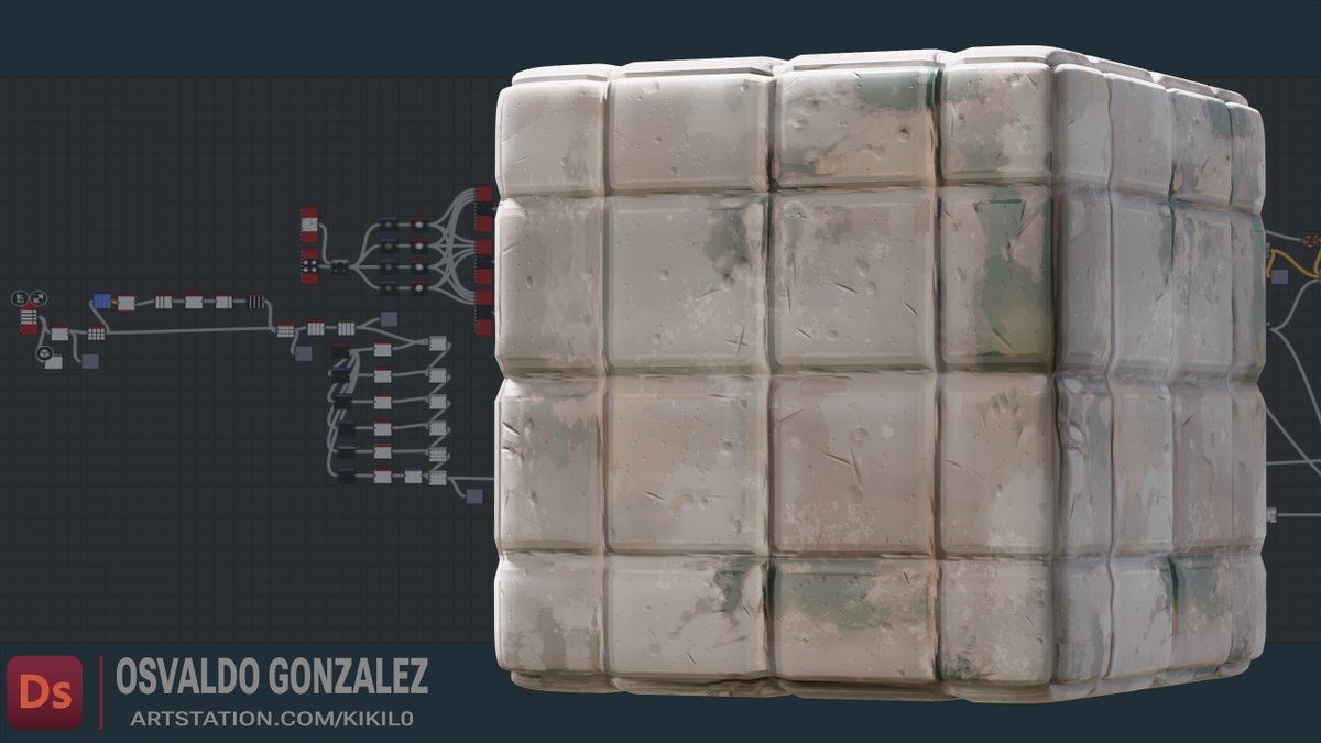 Kikilo_G's tweet image. Concrete material made in Substance Designer for an indie game! Hoping to reveal more about the game soon!  

Presentation inspired by @PHRISK3D, they're an inspiration in this medium.  

#stylized  #Textures #EnvironmentArt #SubstanceDesigner #GameDev #Materials