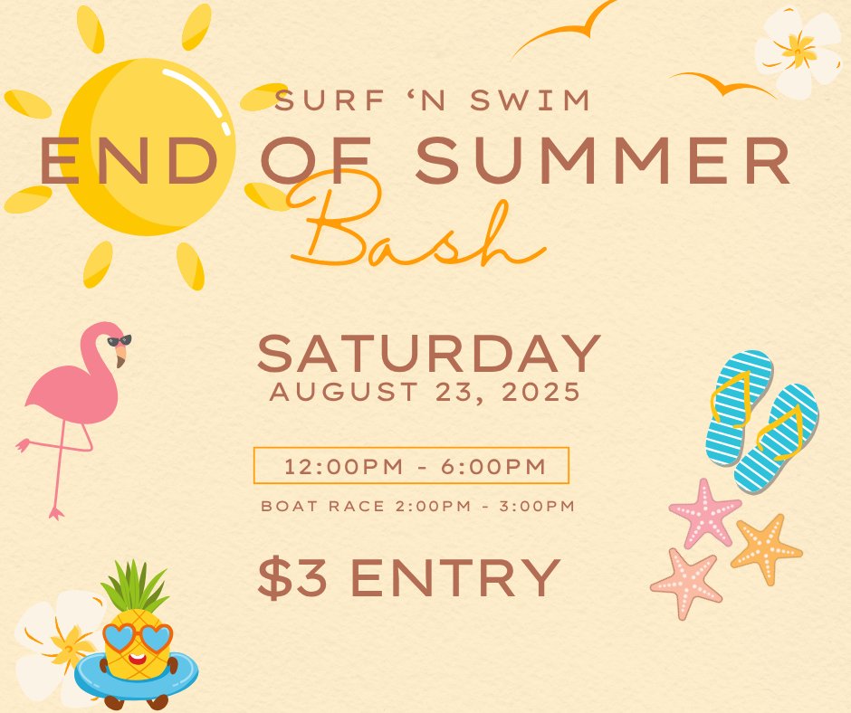 Hang up your flip flops for the season and join Surf 'n Swim and Family Recreation at the Layton City End of Summer Bash on August 23, 2025, from 12:00 pm – 6:00pm. The evening will feature music, food, fun, and several prizes.