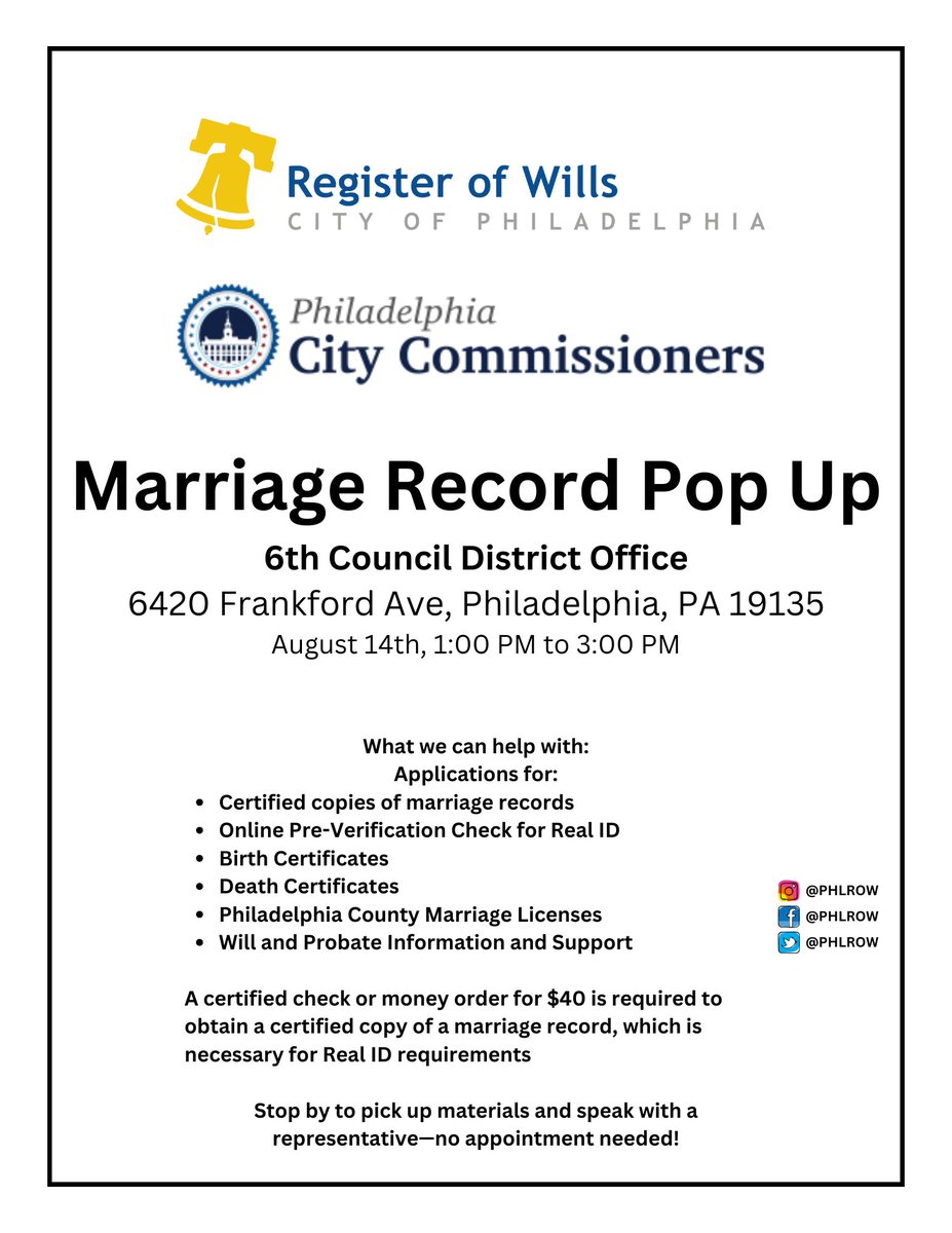 Philadelphia City Commissioners (@phillyvotes) on Twitter photo Join the Register of Wills for a Marriage Record Pop Up at our 6th District Satellite Office, 6420 Frankford Ave, tomorrow from 1:00-3:00 P.M. Get certified marriage records, birth/death certificates, Real ID pre-verification, and more. No appointment needed. #PhillyVotes <a href="/phlrow/">John P. Sabatina - Philadelphia Register of Wills</a> Join the Register of Wills for a Marriage Record Pop Up at our 6th District Satellite Office, 6420 Frankford Ave, tomorrow from 1:00-3:00 P.M. Get certified marriage records, birth/death certificates, Real ID pre-verification, and more. No appointment needed. #PhillyVotes <a href="/phlrow/">John P. Sabatina - Philadelphia Register of Wills</a>