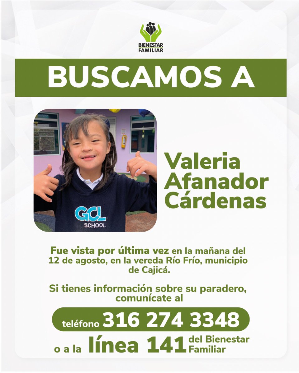 🚨Difundir es proteger. Entre todos podemos traerla de vuelta a casa. Comparte esta publicación y multiplica la búsqueda.

📢 Si tienes información sobre su paradero, comunícate al 316 274 3348 o a la Línea 141 del Bienestar Familiar.