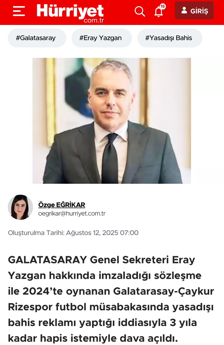 #SONDAKİKA | Galatasaray Genel Sekreteri Eray Yazgan hakkında imzaladığı sözleşme ile yasadışı bahis reklamı yaptığı iddiasıyla 3 yıla kadar hapis istemiyle dava açıldı!