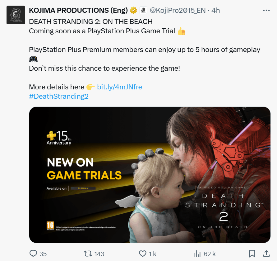 Sans doute parce que Death Stranding 2 a du mal à convaincre, une démo de 5h est proposée à tous les membres du PlayStation Plus Premium, un mois et demi après sa sortie. C'est du jamais vu pour une exclu de cette trempe et ça confirme quelque part les ventes décevantes... 😔