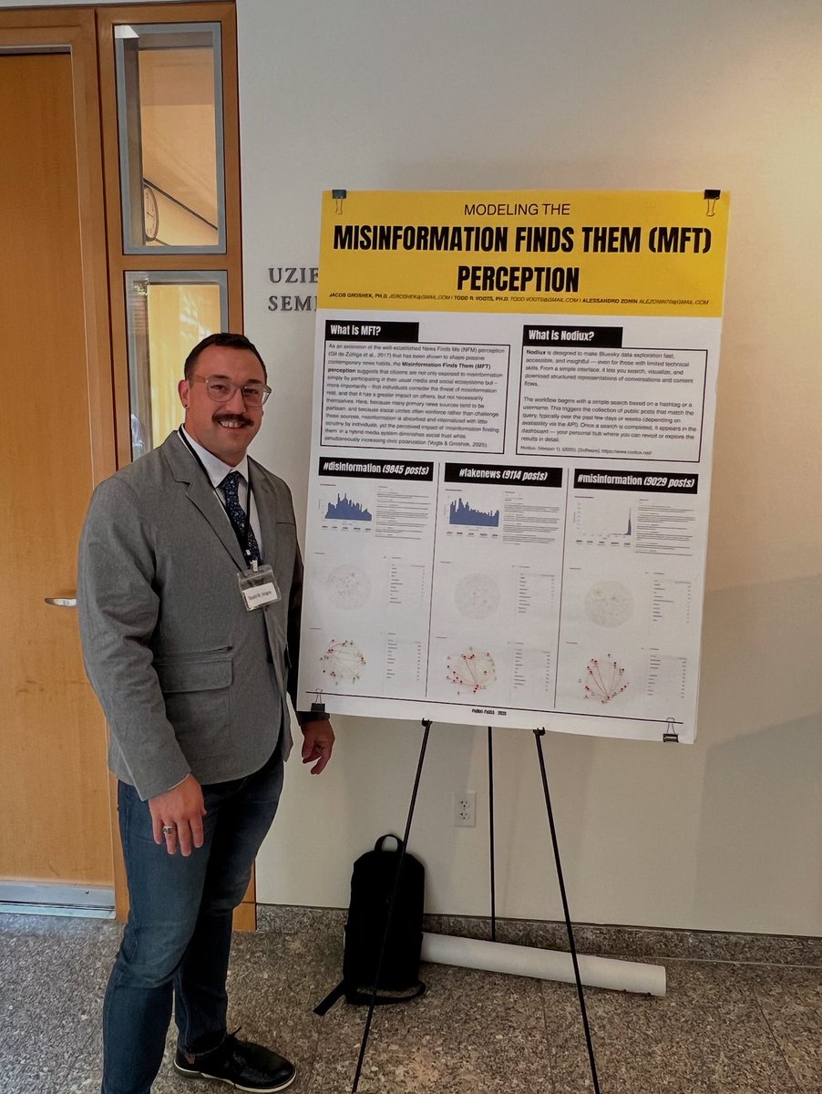 toddvogts's tweet image. Presented a poster as part of the #PolNetPaCSS Conference at @Harvard. It focused on @jacobgroshek and my work developing the Misinformation Finds Them #MFT perception and #Nodiux by @AlessandroZonin as a way to collect social media research data. It was a great session!