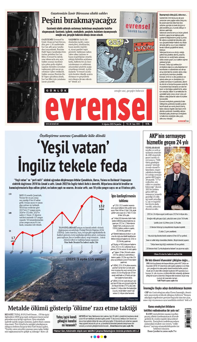 🗞 ‘Yeşil vatan’ İngiliz tekele feda

“Yeşil vatan” ve “yerli milli” sözünü ağzından düşürmeyen iktidar Çanakkale, Bursa, Yalova ve Balıkesir’i kapsayan elektrik dağıtımını 2010’da Limak’a sattı. Limak 2022’de İngiliz tekeli Actis’e devretti. Milyarlarca dolarlık krediler ve