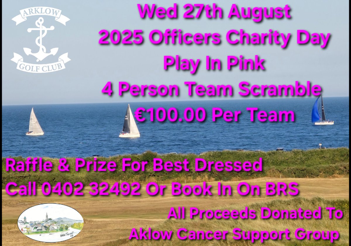 Arklow Golf Links (@arklowgolflinks) on Twitter photo Play In Pink Day is 27th August 2025
4 Person Team Scramble
Raffle and prize for best dressed on the day.
Call 0402 32492 Or book in on the BRS
Only €100.00 Per Team
All Proceeds To Arklow Cancer Support Group
<a href="/ArklowGolfLinks/">Arklow Golf Links</a> Play In Pink Day is 27th August 2025
4 Person Team Scramble
Raffle and prize for best dressed on the day.
Call 0402 32492 Or book in on the BRS
Only €100.00 Per Team
All Proceeds To Arklow Cancer Support Group
<a href="/ArklowGolfLinks/">Arklow Golf Links</a>