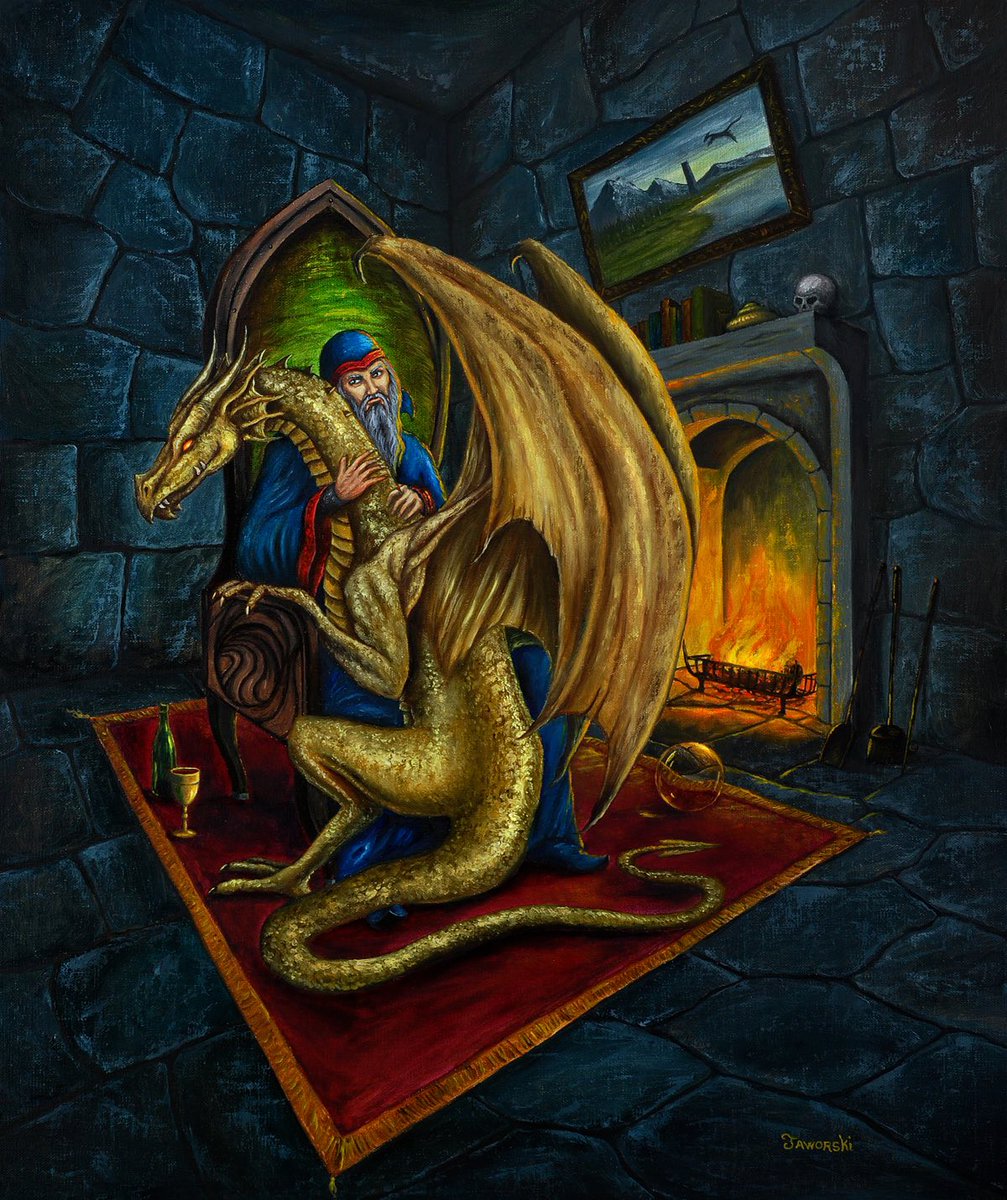 The Wizard's Respite
You haven't lived until you've had a pet gold dragon.  Talk about loyalty!
Artist: Eugene Jaworski <a href="/VaultofPhantasy/">Eugene Jaworski</a>
#ttrpg #osr #dnd #adnd #fantasyart #sesamar
