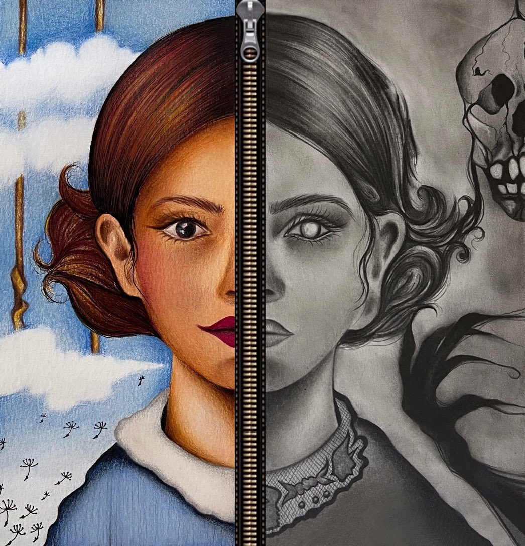 Dream &amp; Nightmare ✨
Life is a delicate zipper between hope &amp; fear, where beauty &amp; terror share the same face, where dreams &amp; nightmares are woven from the same thread...

On <a href="/SkurpySocial/">Skurpy</a> 
Physical painting 🎨

For <a href="/MrBayne_0/">Bayne</a> contest!
#SkurpyArtContest #physical 

Link &amp; WIP ⬇️