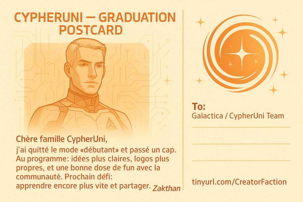 Zakthan2's tweet photo. 🎉 Freshman mode? History!
Proud to graduate as a #CreatorTrainee at #CypherUni 🚀
Clearer ideas, cleaner logos &amp; a lot more fun with the community.
Next step: learn faster &amp; share more!
👉 https://t.co/YSf5Rh0gxu
#CreatorPostcard @IBSvalidator @NinoSerraAW3 https://t.co/baeYFsRLOa