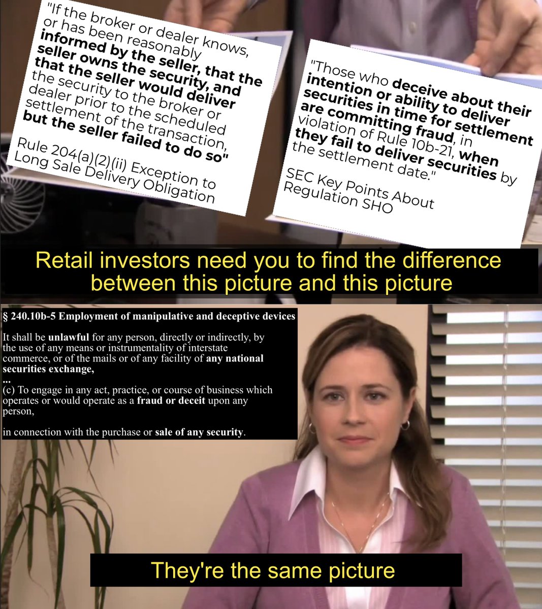 WhatCanIMT's tweet image. Thank you @SECGov for processing the retail investor petition to close a RegSHO loophole exempting broker/dealers from delivery obligations when a seller fraudulently sells securities, lies about delivering and fails to deliver.

We hope to see a rule change proposal soon!…