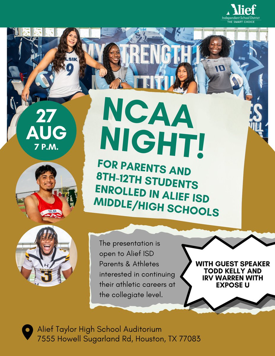 🏆 NCAA Night – Aug 27 @ 7 PM 🏆
For <a href="/AliefISD/">Alief ISD</a> parents &amp; 8th–12th grade STs-athletes interested in playing at the collegiate level! 🏀
📍 Alief Taylor HS Auditorium
🎤 Guest speakers: Todd Kelly &amp; Irv Warren (Expose U)
#AliefISD #NCAANight #StudentAthletes #CollegeBound