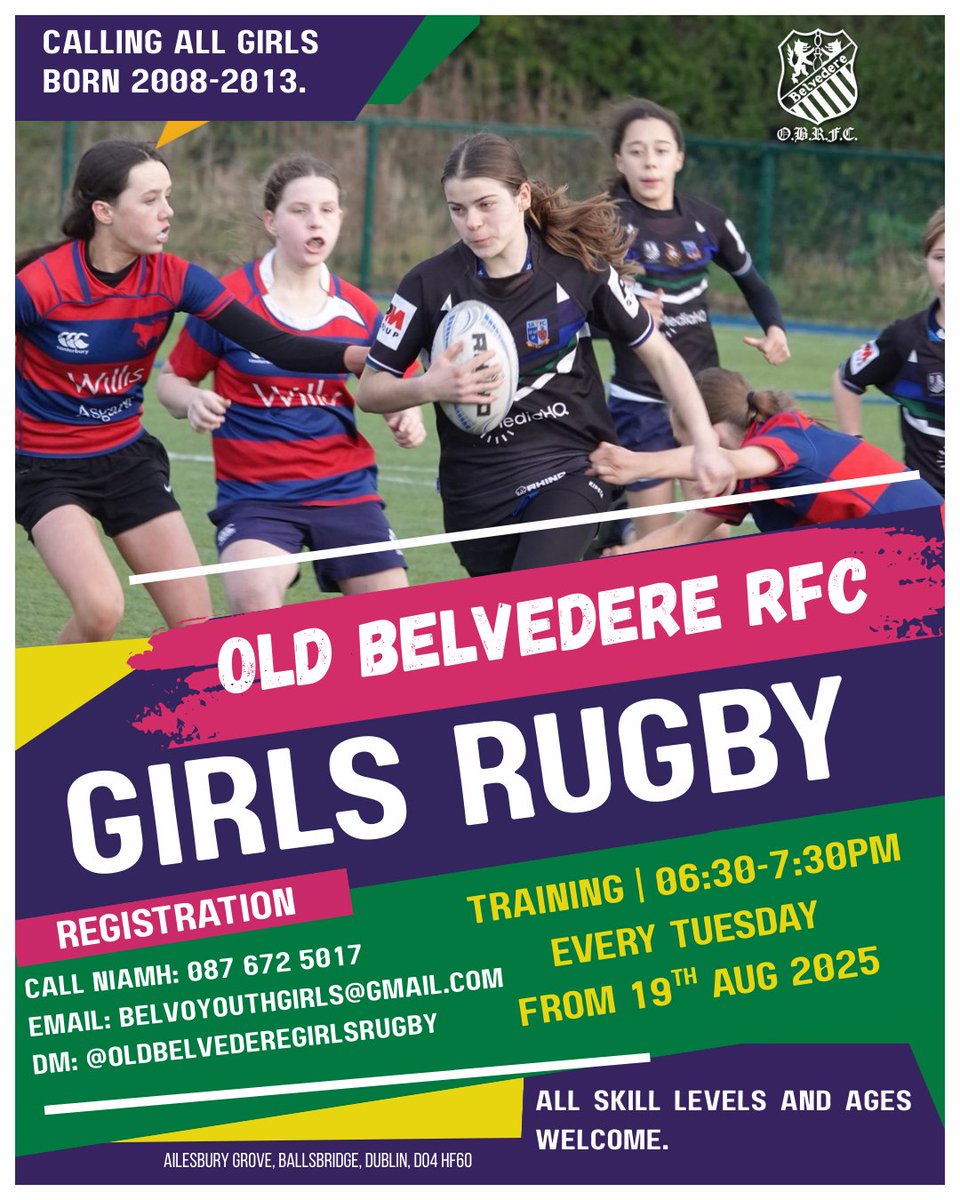 OldBelvedereRFC's tweet photo. Our Youth Girls rugby is back! 🏉 Got a daughter, sister or niece born 2008–2013?  We have U14s, U16s &amp; U18s teams. All levels welcome.

📅 Starts Tues 19th Aug
⏰ 6:30–7:30pm
📍 Ollie Campbell Park
💬 Niamh: 087 672 5017 | belvoyouthgirls@gmail.com | @oldbelvederegirls on IG https://t.co/QFimoDBmGc