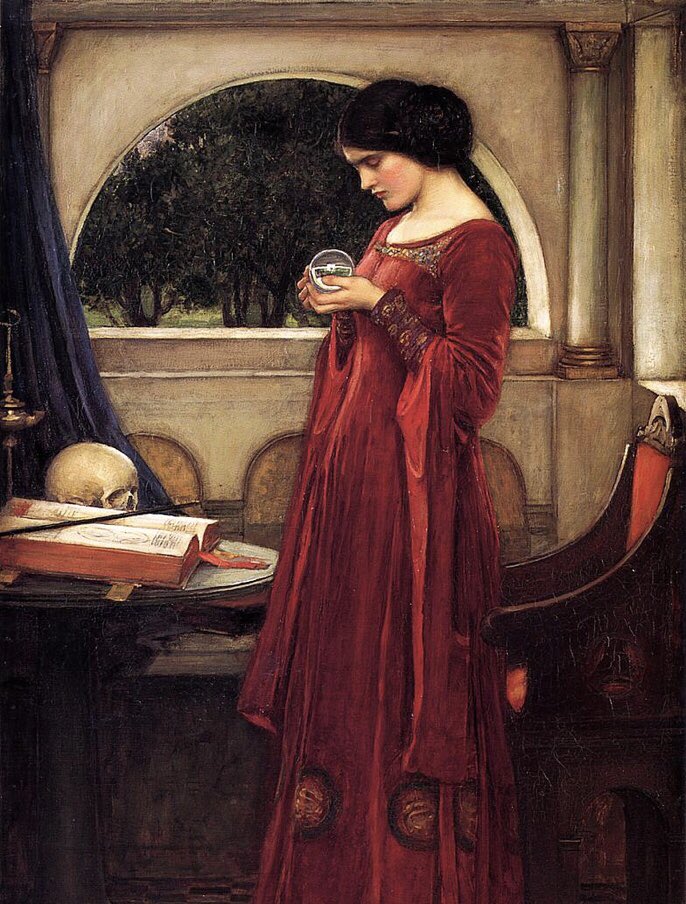The Crystal Ball by John William Waterhouse, 1902. A spell is being woven with the aid of a book of magic &amp; a skull. The skull has been restored to the painting in recent years, after being painted out by a previous owner. #BookChatWeekly #BookologyThursday #FolkloreSunday