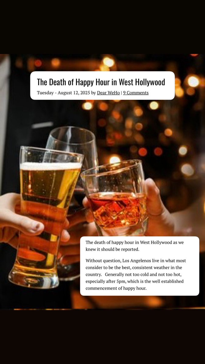 THE DEATH OF HAPPY HOUR 🍻 

Word around town is happy hour is slowly but surely becoming no more and is losing its spunk! What do we think? Is happy hour merely becoming a lost moment in time? Or are we still enjoying it for old times sake? 

💻: Wehoonline.com