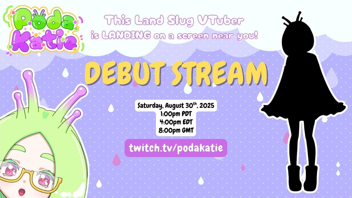 podakatie's tweet photo. 🌦️SLUG VTUBER DEBUT🌦️

I'd love to see you at this streaming, gaming, crafting slug's Live2D Debut!

📆August 30th 🕐1:00pm PT 🌐https://t.co/htBLQIr6XN 

also look forward to 
🌦️new emotes! 
🌦️lore video!
🌦️and more! 

#VTuber #ENVTuber #VTuberDebut https://t.co/5kTOIiwDCS