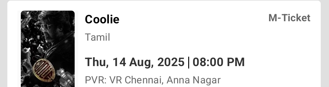 Nellore09's tweet photo. Two Tickets Available In Tamil Language 
Location: VR Mall Anna Nagar, Chennai.

#Coolie https://t.co/EDprxFeypz