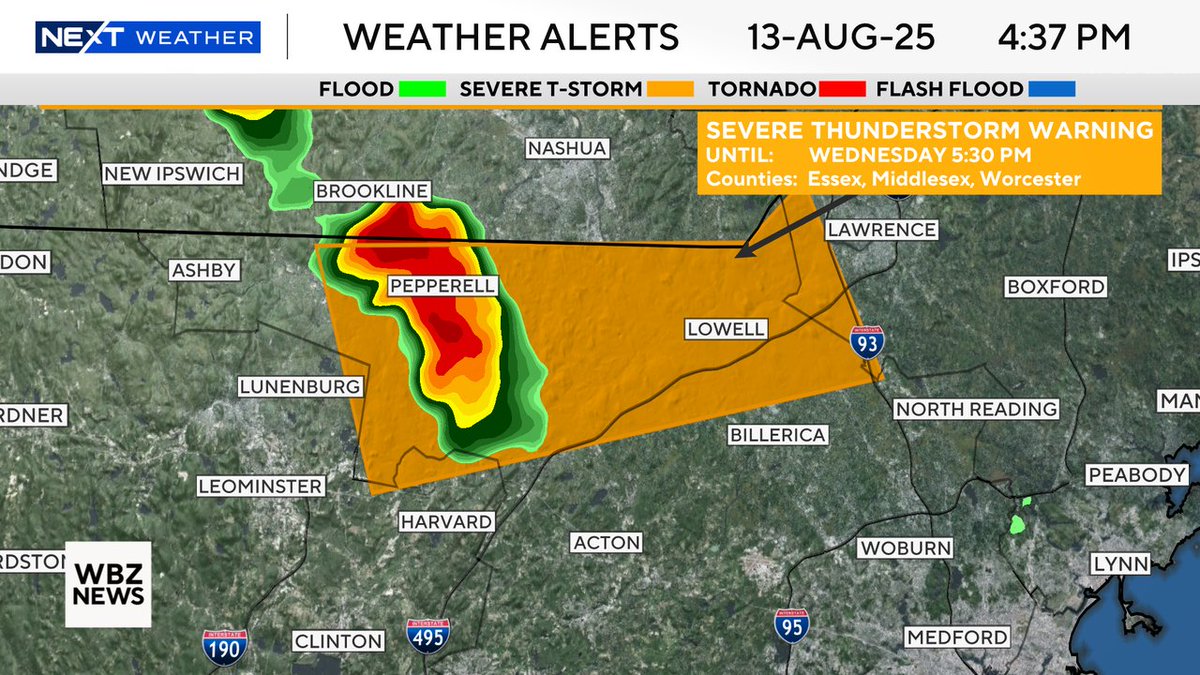 ⚠️ Severe Thunderstorm Warning for Middlesex, Worcester, Essex County until Aug 13 5:30PM. 

Frequent lightning, hail, and strong wind are possible in these storms.