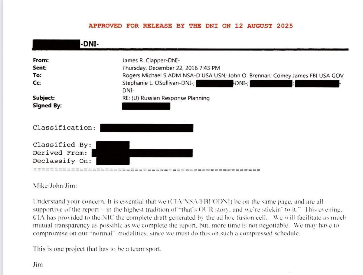 Matt Taibbi (@mtaibbi) on Twitter photo “THIS IS ONE PROJECT THAT HAS TO BE A TEAM SPORT”
James Clapper tells intel chiefs in Dec. 2016 that an upcoming Russia Intelligence Assessment must be unanimous, in the spirit of “This is OUR STORY and we’re stickin’ to it.” (!)
More devastating docs from <a href="/DNIGabbard/">DNI Tulsi Gabbard</a> “THIS IS ONE PROJECT THAT HAS TO BE A TEAM SPORT”
James Clapper tells intel chiefs in Dec. 2016 that an upcoming Russia Intelligence Assessment must be unanimous, in the spirit of “This is OUR STORY and we’re stickin’ to it.” (!)
More devastating docs from <a href="/DNIGabbard/">DNI Tulsi Gabbard</a>