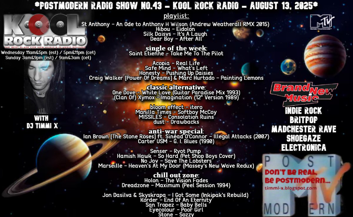 don‘t be real, be postmodern / timmi x (@bepostmodern) on Twitter photo online now!✌️
the latest postmodern radio show🎶🎧🎸✨
timmi-x.blogspot.com/2025/08/postmo…
#newmusic #indierock #britpop #madchester #shoegaze #electronica
@koolrockradio
<a href="/dearboyofficial/">Dear Boy</a>
<a href="/craigwalkeroff/">Craig Walker (Official)</a>
<a href="/ManillaTimes/">Manilla Times</a>
<a href="/dustband_/">dustband_</a>
<a href="/senserband/">Senser</a>
<a href="/marseilleband/">Marseille</a>
<a href="/kordermusic/">Korder</a>
<a href="/nojoy/">NO JOY 🪲</a>
<a href="/bobpetesarah/">Saint Etienne</a> online now!✌️
the latest postmodern radio show🎶🎧🎸✨
timmi-x.blogspot.com/2025/08/postmo…
#newmusic #indierock #britpop #madchester #shoegaze #electronica
@koolrockradio
<a href="/dearboyofficial/">Dear Boy</a>
<a href="/craigwalkeroff/">Craig Walker (Official)</a>
<a href="/ManillaTimes/">Manilla Times</a>
<a href="/dustband_/">dustband_</a>
<a href="/senserband/">Senser</a>
<a href="/marseilleband/">Marseille</a>
<a href="/kordermusic/">Korder</a>
<a href="/nojoy/">NO JOY 🪲</a>
<a href="/bobpetesarah/">Saint Etienne</a>