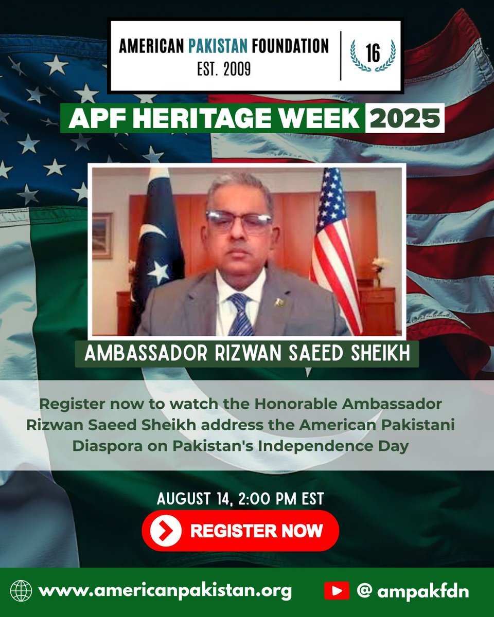 Don't forget to register for APF's live webinar celebrating Pakistan's independence day with Raza Rumi and Ambassador Rizwan Saeed Sheikh. See you all for an insightful discussion! 

Register here: us02web.zoom.us/webinar/regist…

#APFHeritageWeek #AcrossGenerations #PakistaniAmerican